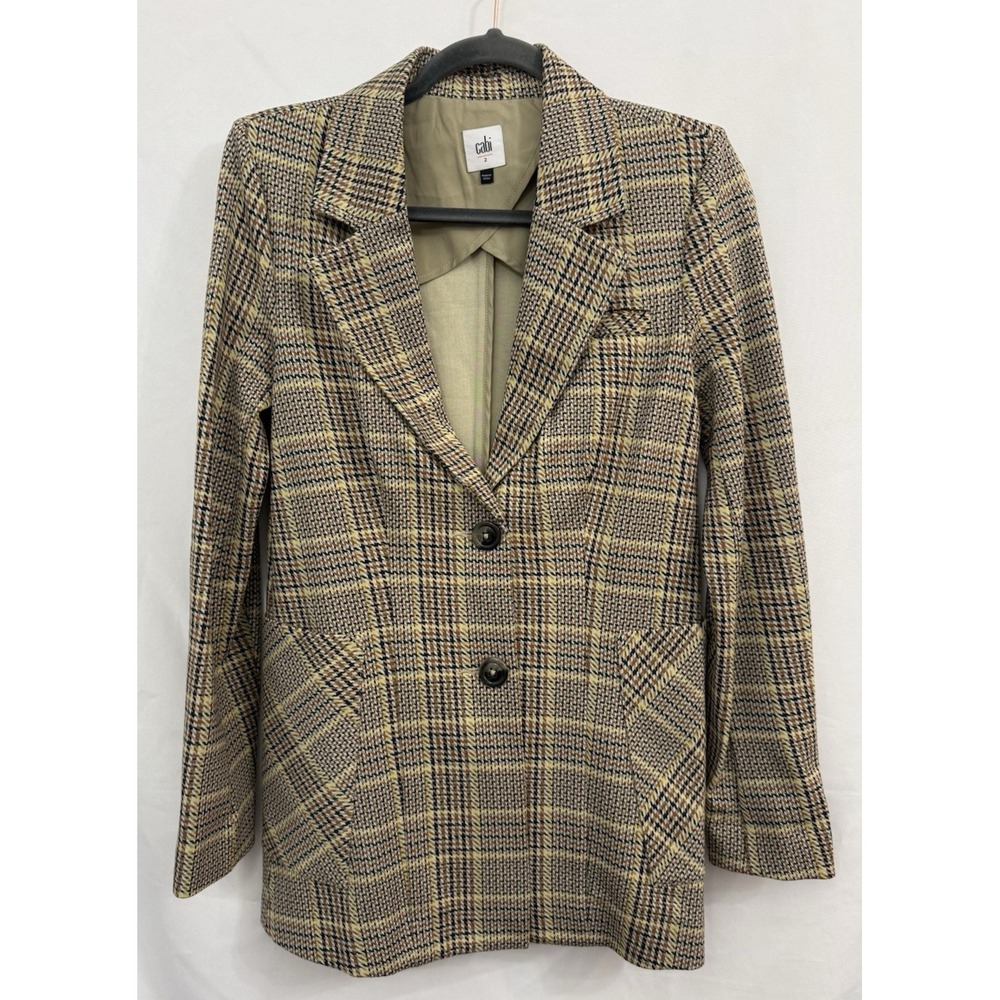 Cabi Past Time Blazer Jacket Tan Black Houndstooth Pockets Womens Size‎ 2 Career